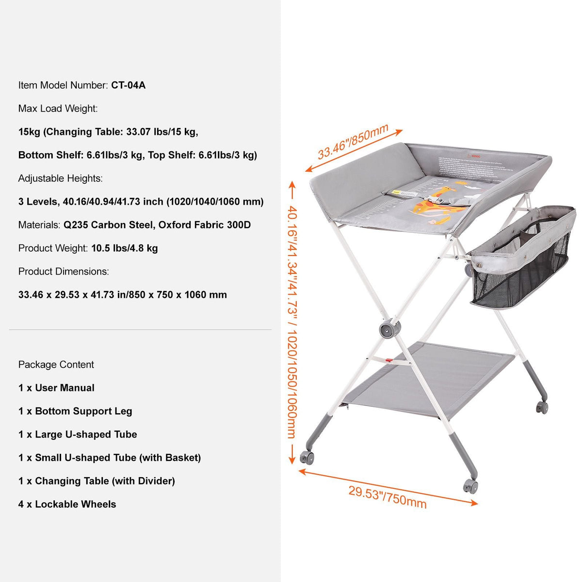 Baby Changing Table, Folding Diaper Changing Station with Lockable Wheels, Portable Changing Table 3-level Adjustable Heights, with Storage Basket & Hanging Racks for Newborns & Infant