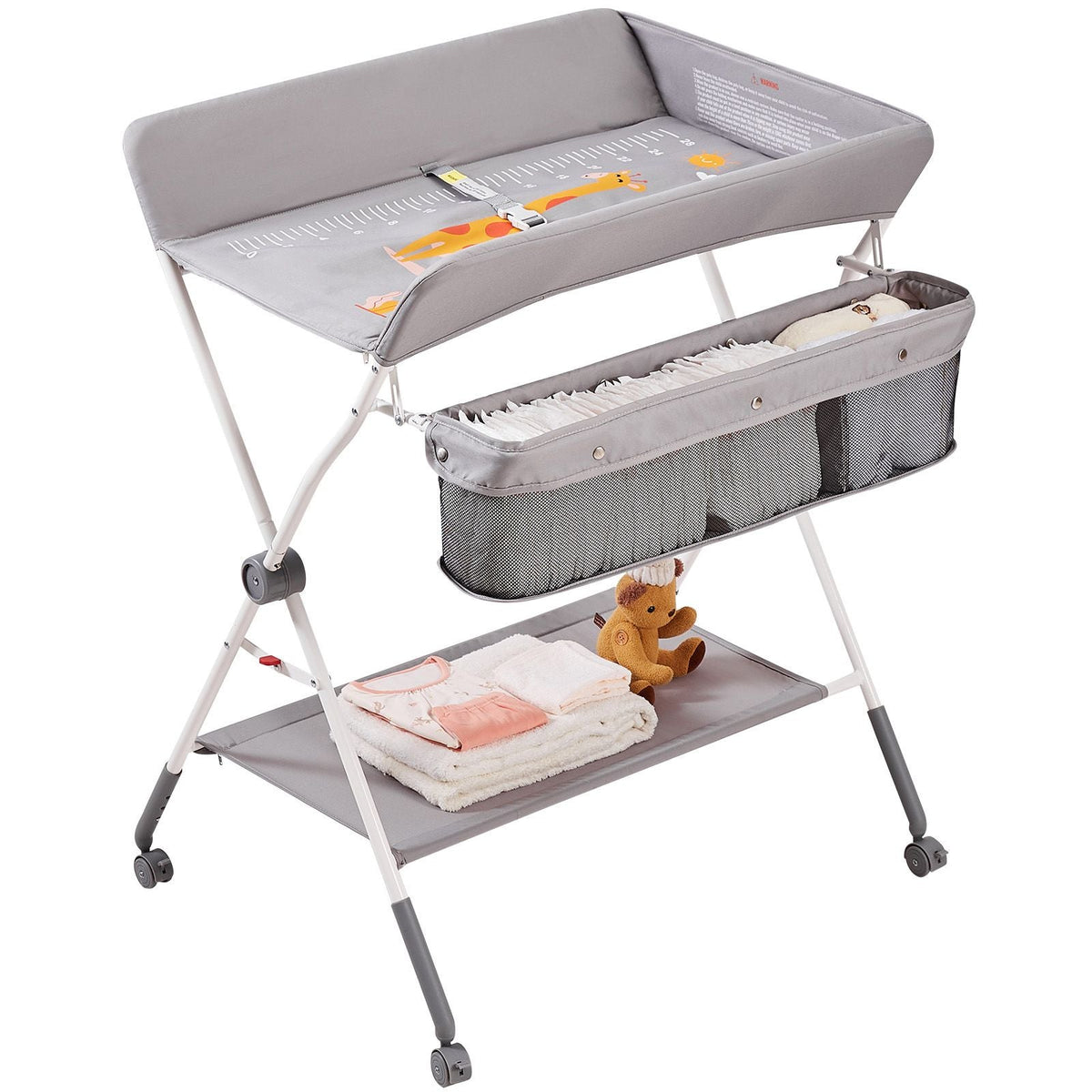 Baby Changing Table, Folding Diaper Changing Station with Lockable Wheels, Portable Changing Table 3-level Adjustable Heights, with Storage Basket & Hanging Racks for Newborns & Infant