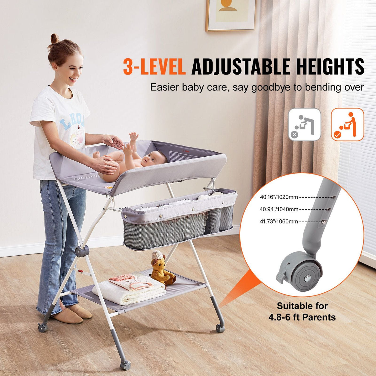 Baby Changing Table, Folding Diaper Changing Station with Lockable Wheels, Portable Changing Table 3-level Adjustable Heights, with Storage Basket & Hanging Racks for Newborns & Infant