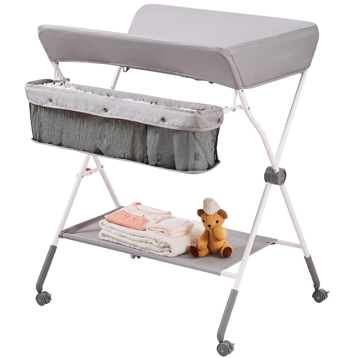 Baby Changing Table, Folding Diaper Changing Station with Lockable Wheels, Portable Changing Table 3-level Adjustable Heights, with Storage Basket & Hanging Racks for Newborns & Infant