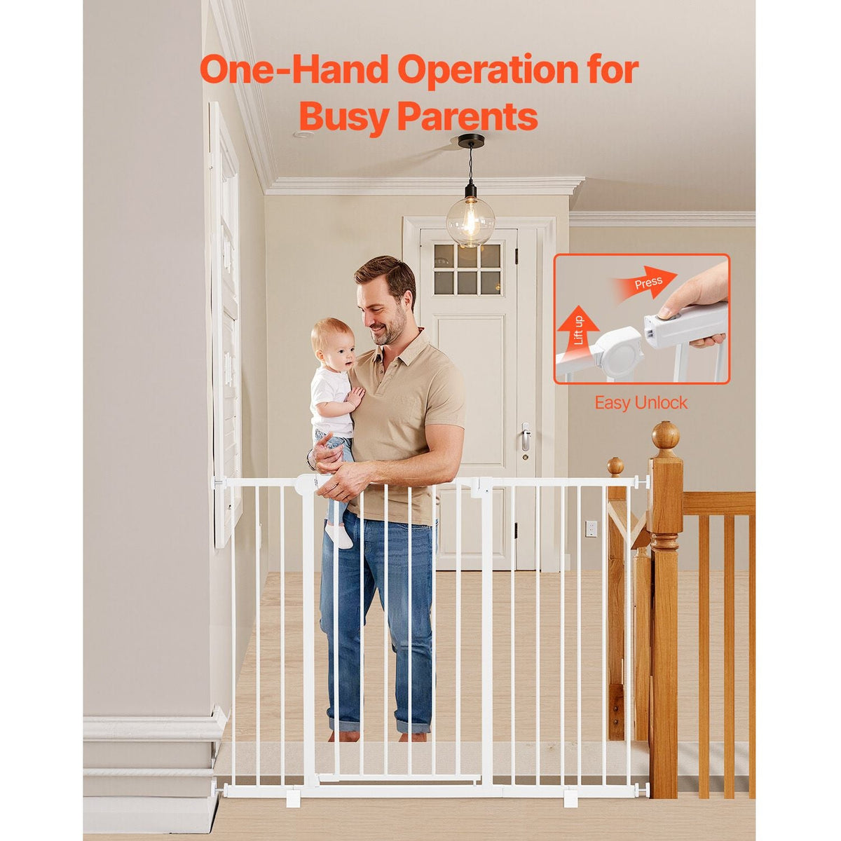 Baby Gate, 26-48 Inches Adjustable Width, 36 Inches High Dog Gate, Easy Step Walk Thru, for Child Pet Security, Pressure Mount Kit, Wall Cups, One-Hand Open, for Stairs and Doorways, White