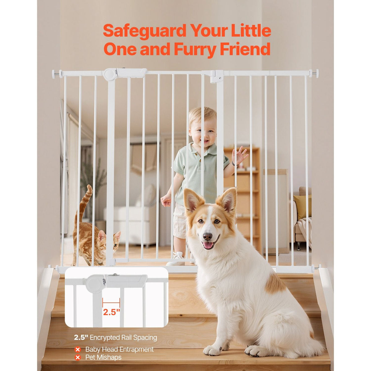 Baby Gate, 26-48 Inches Adjustable Width, 36 Inches High Dog Gate, Easy Step Walk Thru, for Child Pet Security, Pressure Mount Kit, Wall Cups, One-Hand Open, for Stairs and Doorways, White