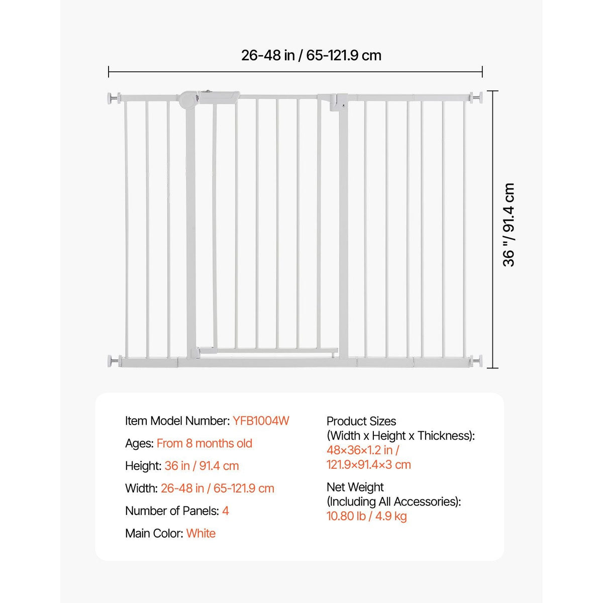 Baby Gate, 26-48 Inches Adjustable Width, 36 Inches High Dog Gate, Easy Step Walk Thru, for Child Pet Security, Pressure Mount Kit, Wall Cups, One-Hand Open, for Stairs and Doorways, White