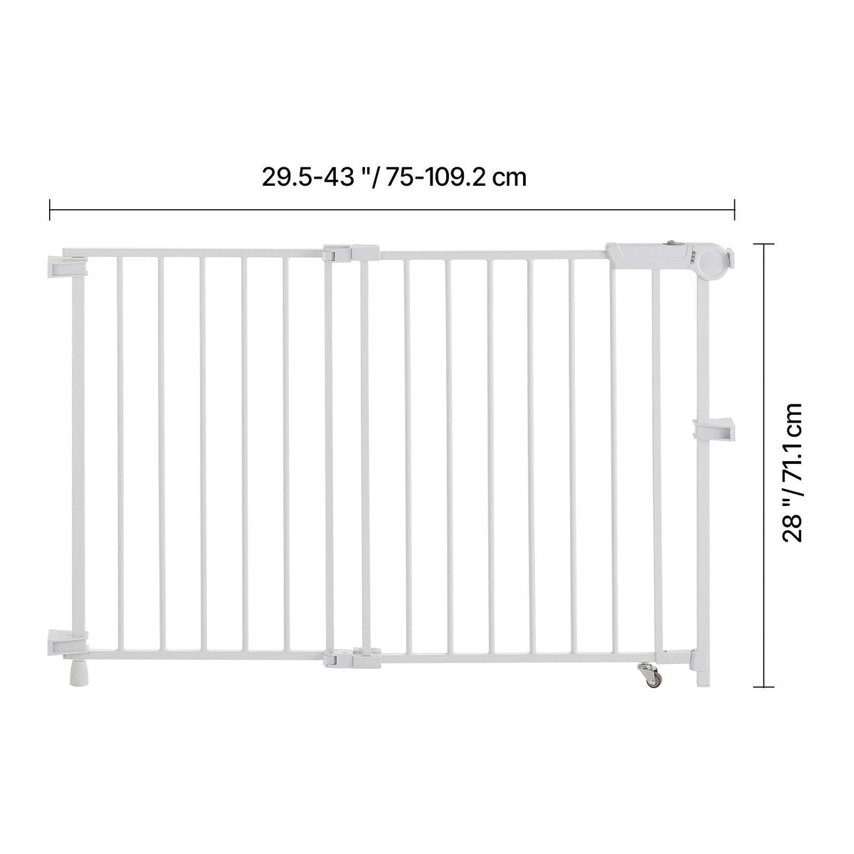 Baby Gate, 29.5-43 Inches Adjustable Width, 28 Inches High Dog Gate, No Threshold Bar, Easy Step Walk Thru, for Child Pet Security, with Screws, One-Hand Open, for Stairs and Doorways, White
