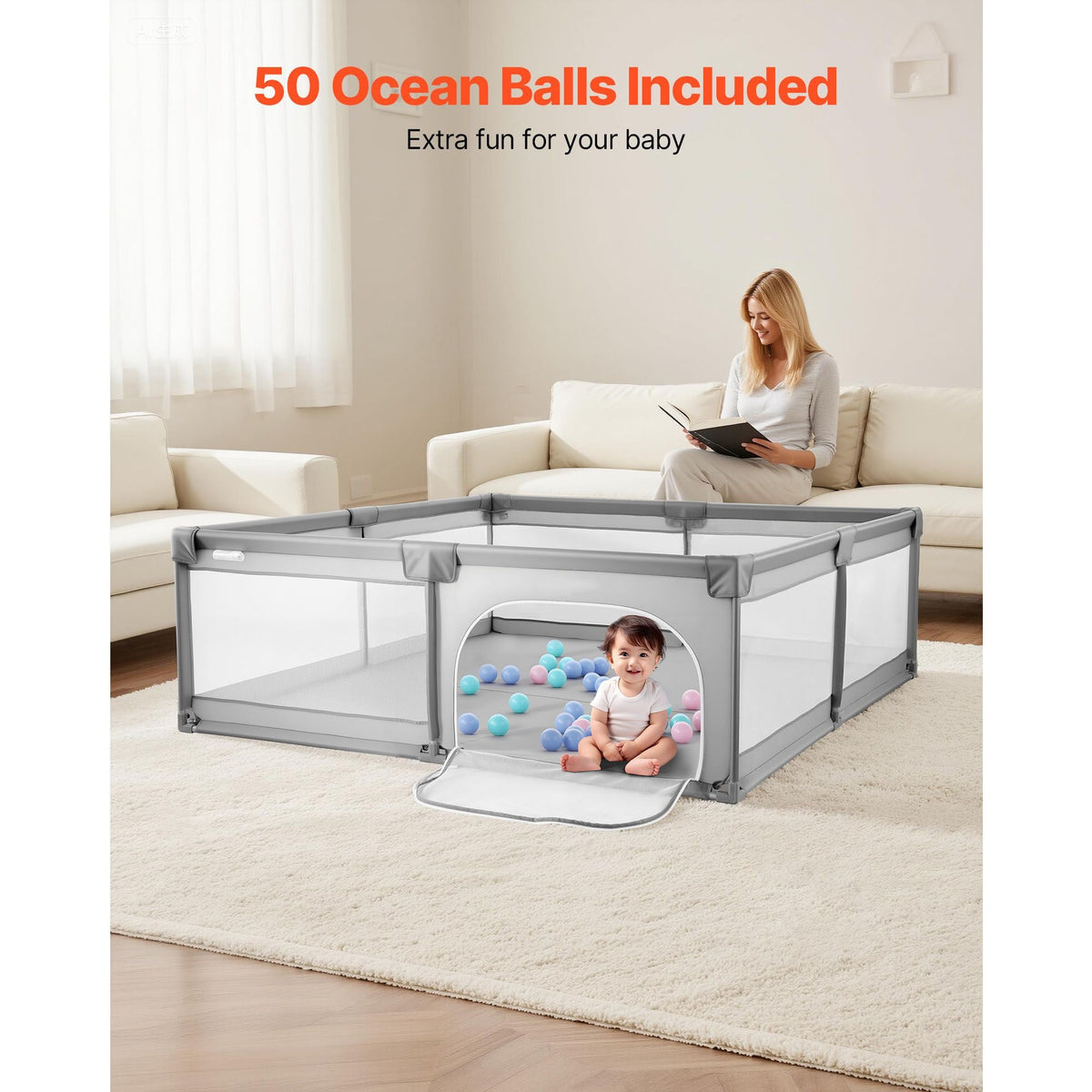Baby Playpen, 78.7″ x 58.7″ Large Toddlers Playpen, Indoor/Outdoor Baby Fence Play Yard with 50 Ocean Balls, Zippered Door & Breathable Mesh, No-Gap Safety Activity Center for Babies Toddlers