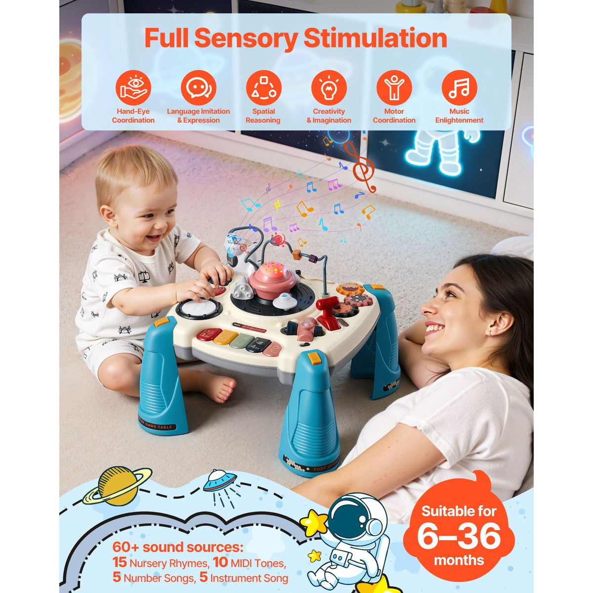 Baby Spacecraft Musical Table Toys for 1-3 Years Old, Learning Activity Desk with Space Theme & Soft-glow Star Projector & 60+ Sound Sources, Toddler Learning Table for Kids 6+ Months