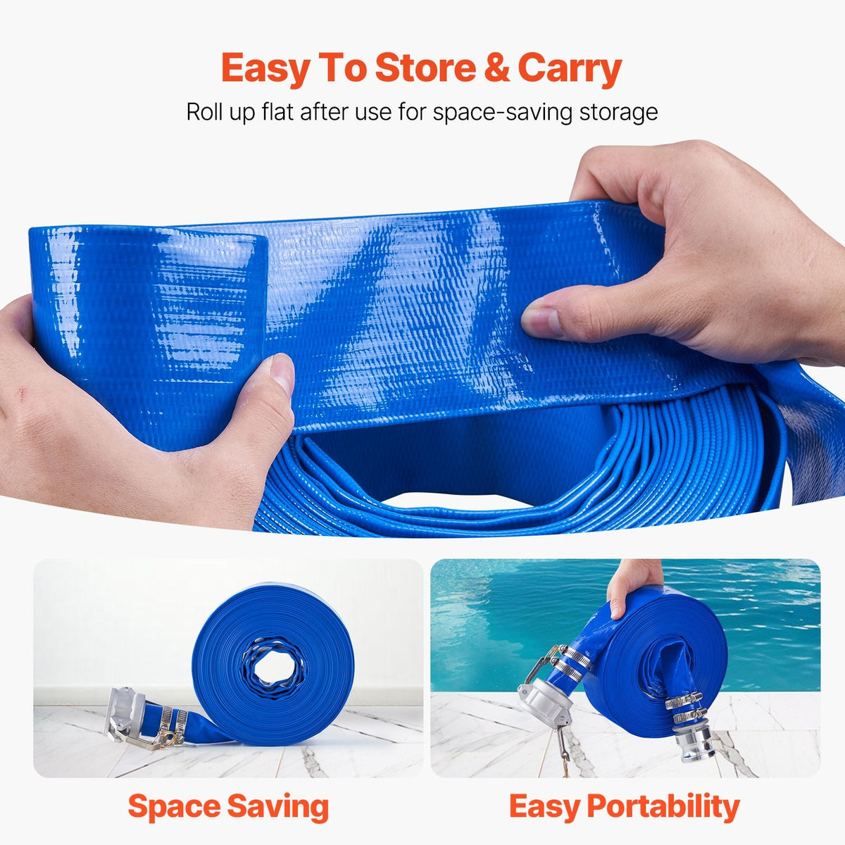 Backwash Hose, 1.5 in x 50 ft, Blue High Quality PVC Hose, with Clamps, Camlock, Aluminum Fittings, Fit Various Pumps, for Sewage Treatment, Water Transportation and More Agricultural Purposes