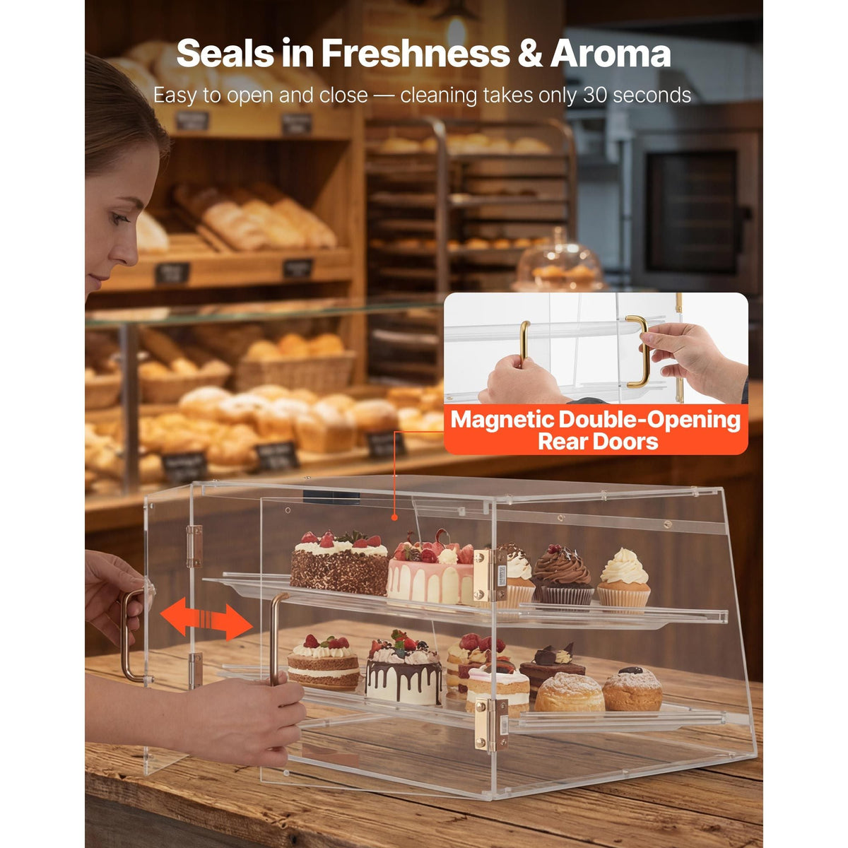 Bakery Display Case, 2-Tier Commercial Countertop Pastry Display Case, Clear Acrylic Bread Box for Kitchen, Party Cake Cabinet with Magnetic Rear Door for Cookie Dessert Donut, 20.7"x15.7"x12"