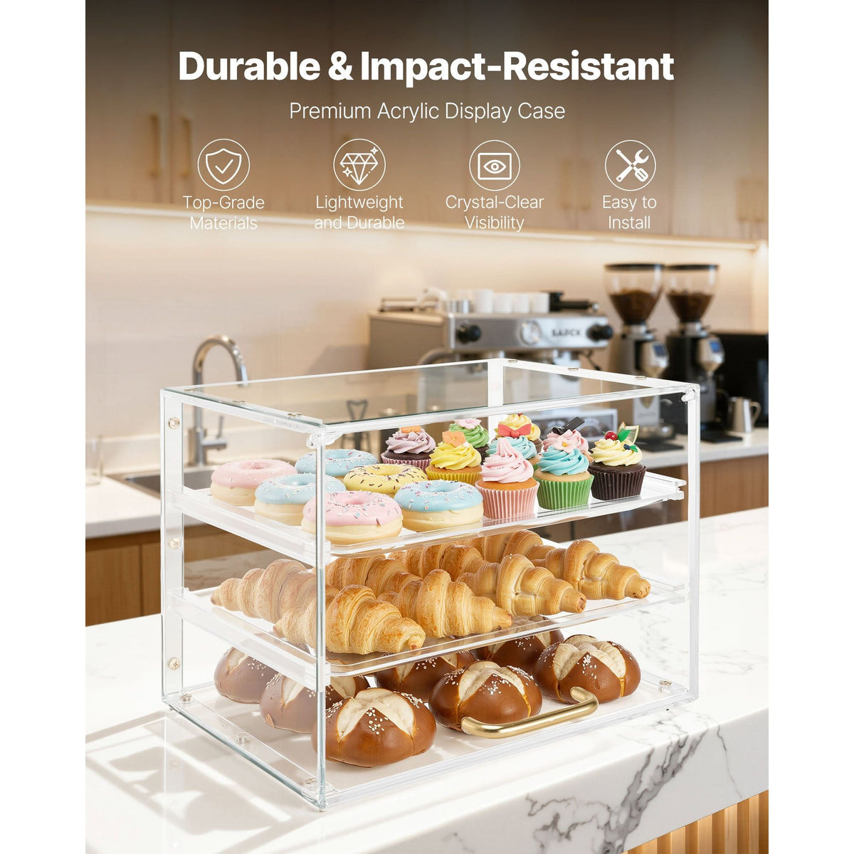 Bakery Display Case, 3-Tier Commercial Countertop Pastry Display Case, Clear Acrylic Bread Box for Kitchen, Party Cake Cabinet with Flip-Up Door for Cookie Dessert Donut, 13" x 10.2" x 10.2"
