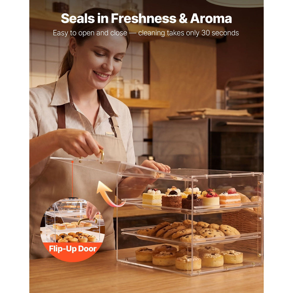 Bakery Display Case, 3-Tier Commercial Countertop Pastry Display Case, Clear Acrylic Bread Box for Kitchen, Party Cake Cabinet with Flip-Up Door for Cookie Dessert Donut, 13" x 10.2" x 10.2"