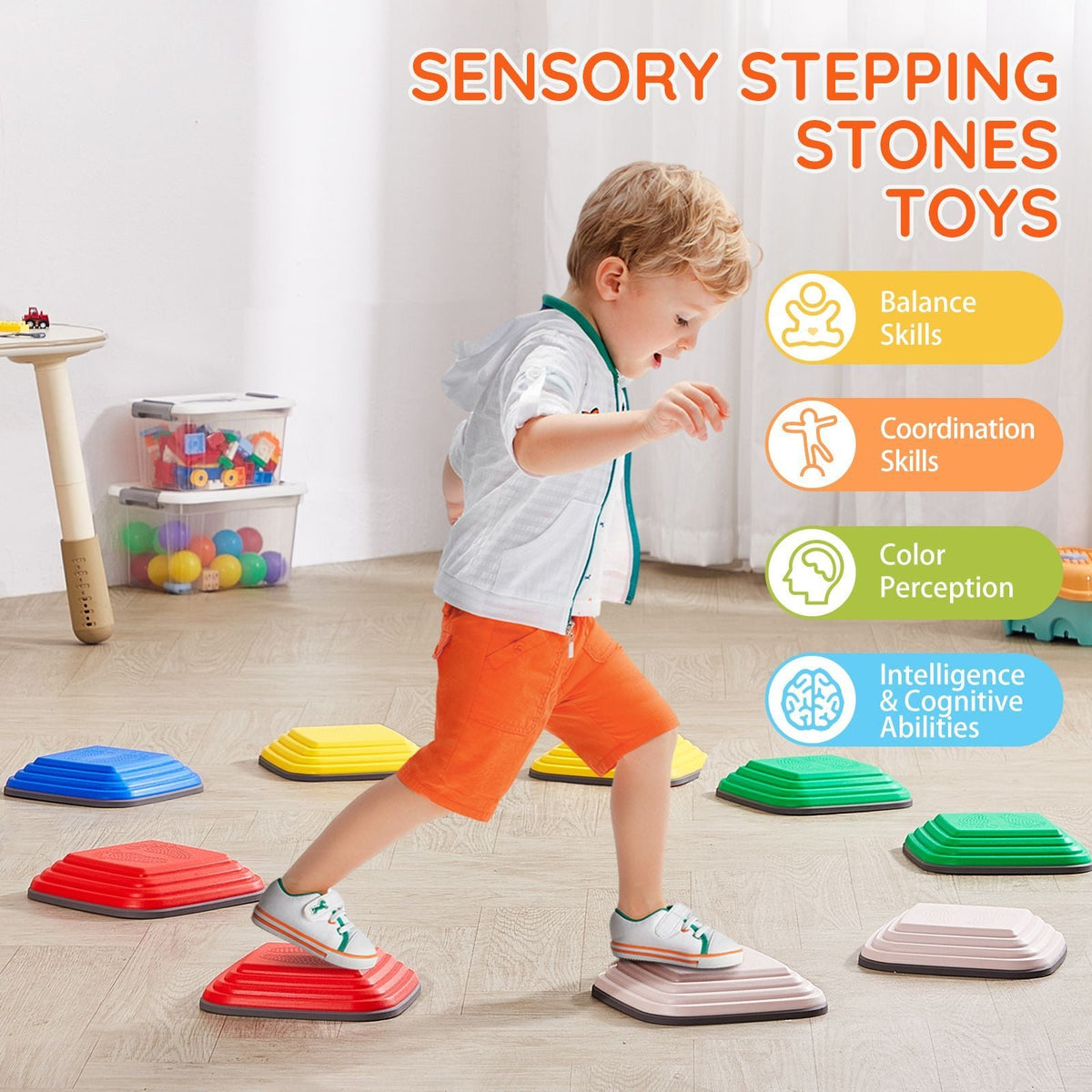Balance Stepping Stones for Kids, 10 PCS, Up to 220 lbs, Non-Slip Toddlers Sensory Stepping Stones, Obstacle Course Coordination Game Toys Indoor or Outdoor Play for Children Aged 3 4 5 6 7 8+