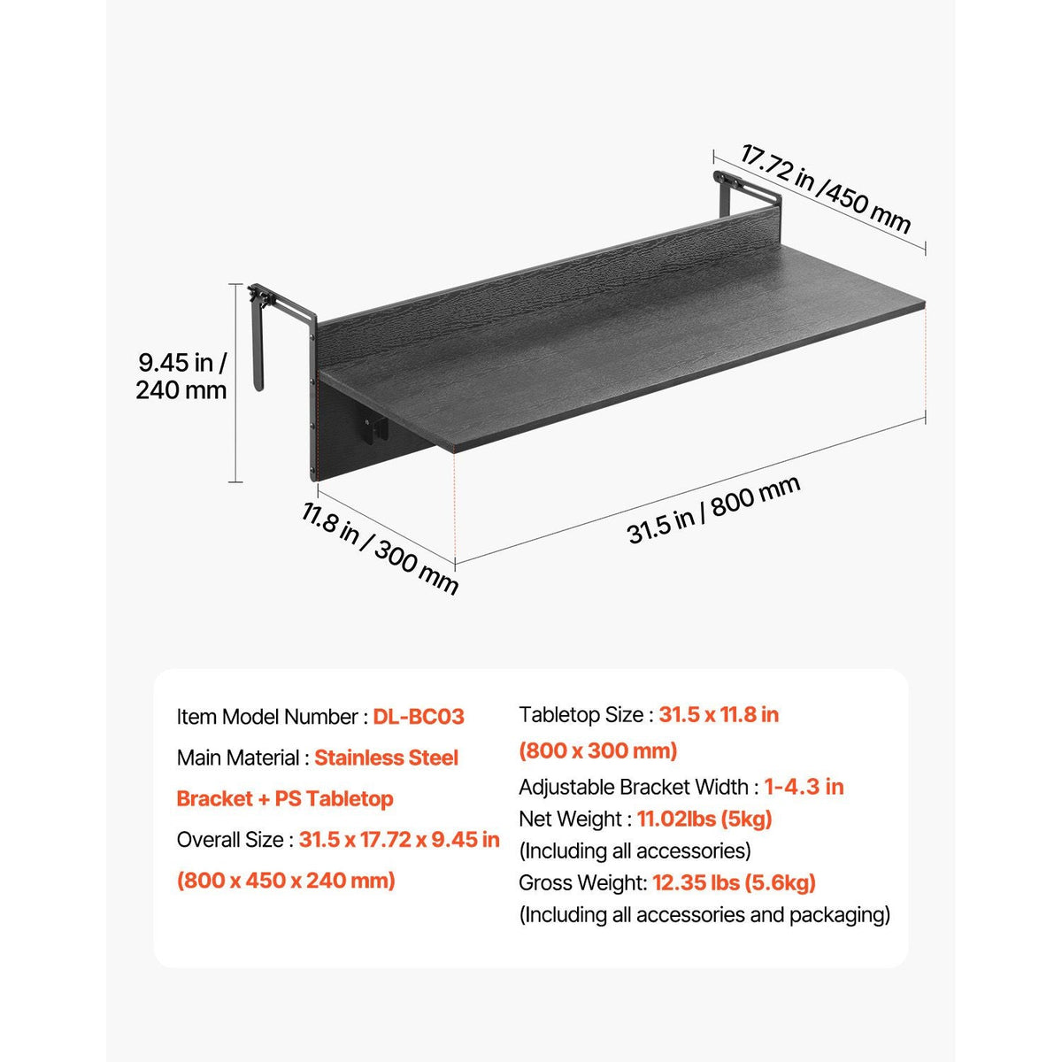 Balcony Hanging Table, 12 x 32 in Folding Balcony Railing Table, Outdoor Balcony Bar Table for Railings, 50 lbs Loading, Fit Railing from 1" to 4.3", Serving Table for Patio & Deck