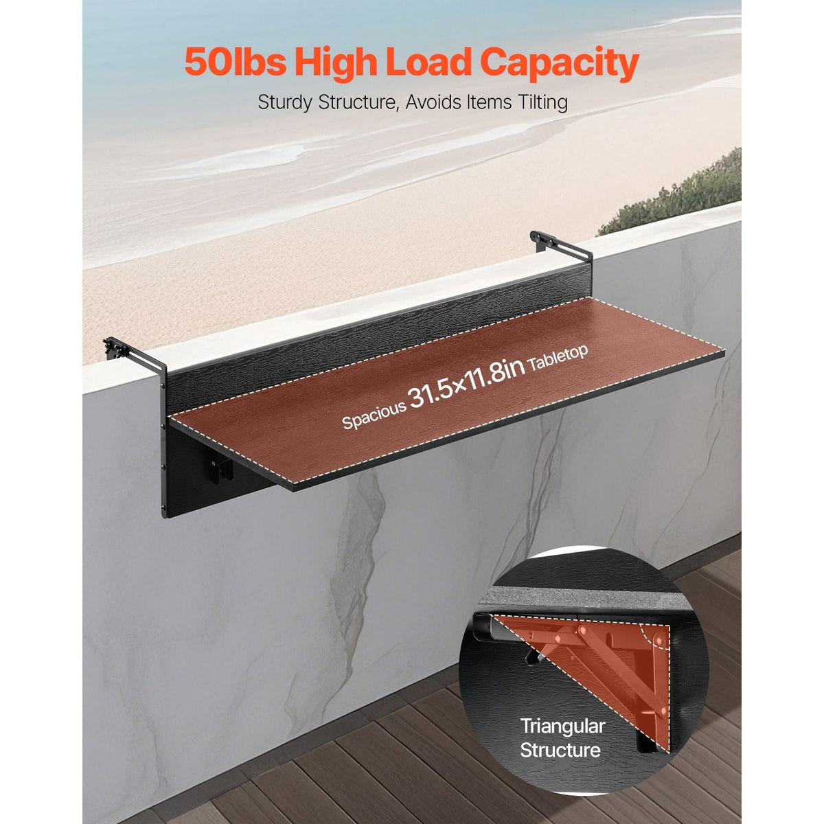 Balcony Hanging Table, 12 x 32 in Folding Balcony Railing Table, Outdoor Balcony Bar Table for Railings, 50 lbs Loading, Fit Railing from 1" to 4.3", Serving Table for Patio & Deck