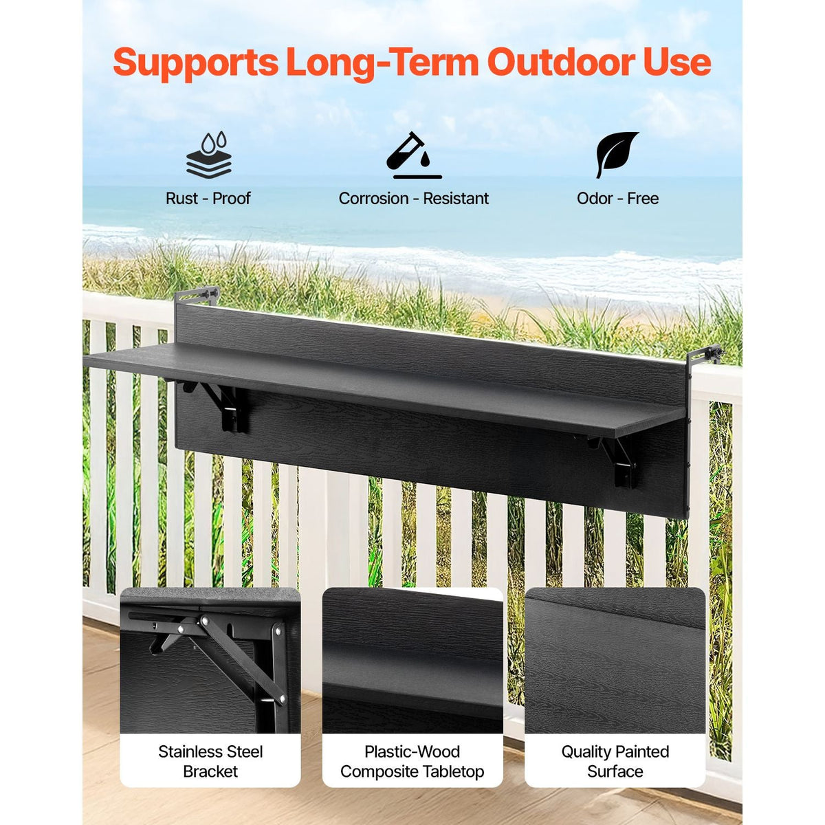 Balcony Hanging Table, 12 x 32 in Folding Balcony Railing Table, Outdoor Balcony Bar Table for Railings, 50 lbs Loading, Fit Railing from 1" to 4.3", Serving Table for Patio & Deck