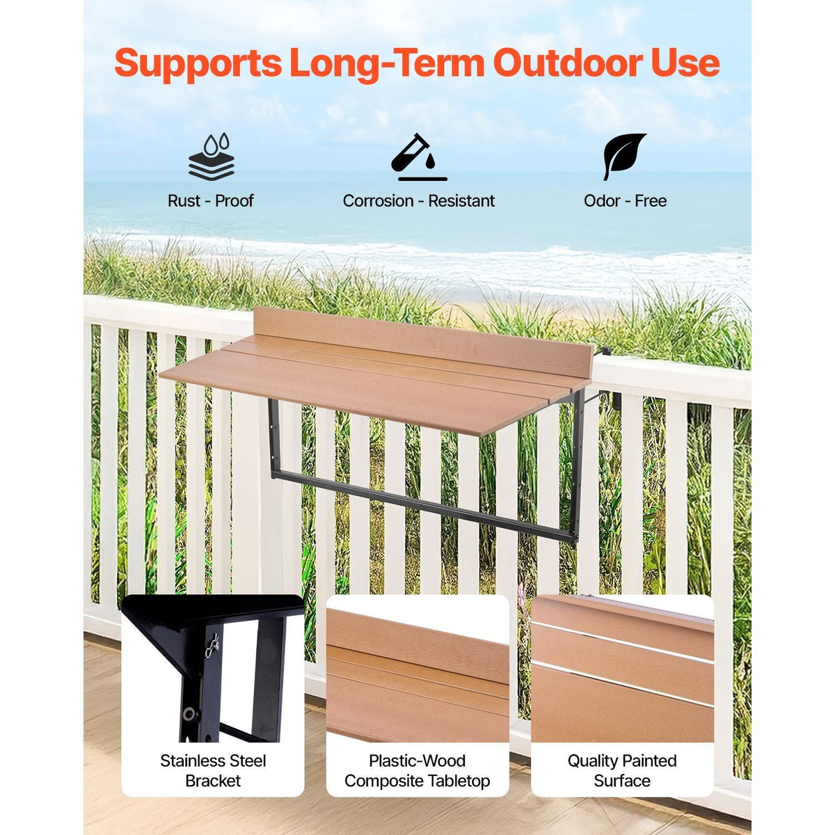 Balcony Hanging Table, 15 x 39 in Folding Balcony Railing Table, Outdoor Balcony Bar Table for Railings, 5-Level Adjustable, Fit Railing from 1" to 5.3", Serving Table for Patio & Deck
