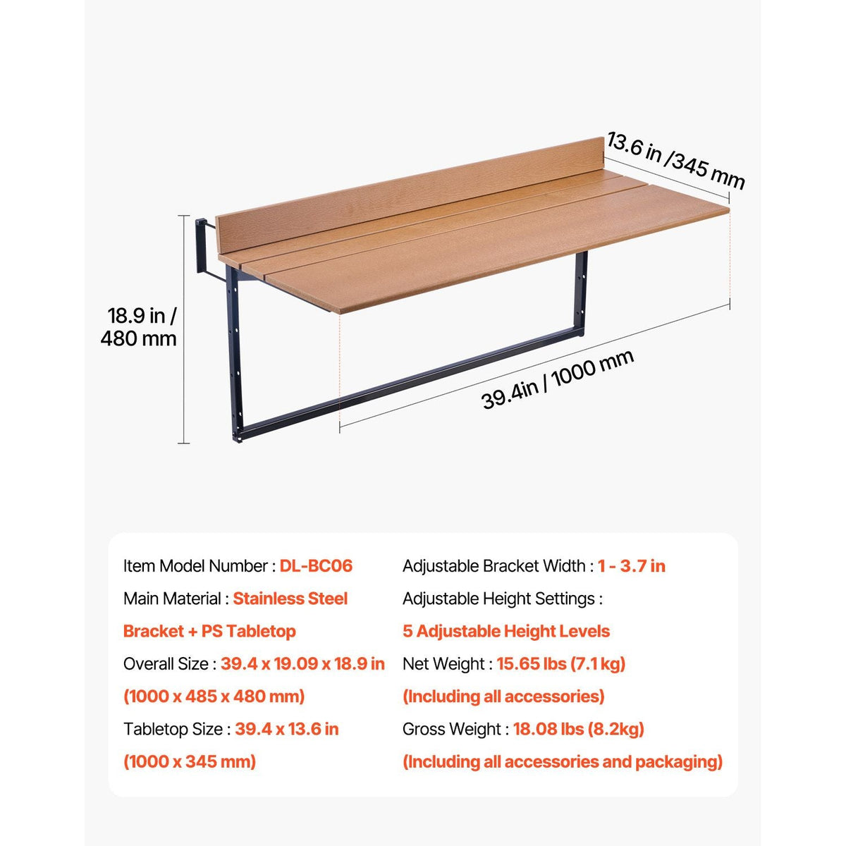Balcony Hanging Table, 15 x 39 in Folding Balcony Railing Table, Outdoor Balcony Bar Table for Railings, 5-Level Adjustable, Fit Railing from 1" to 5.3", Serving Table for Patio & Deck
