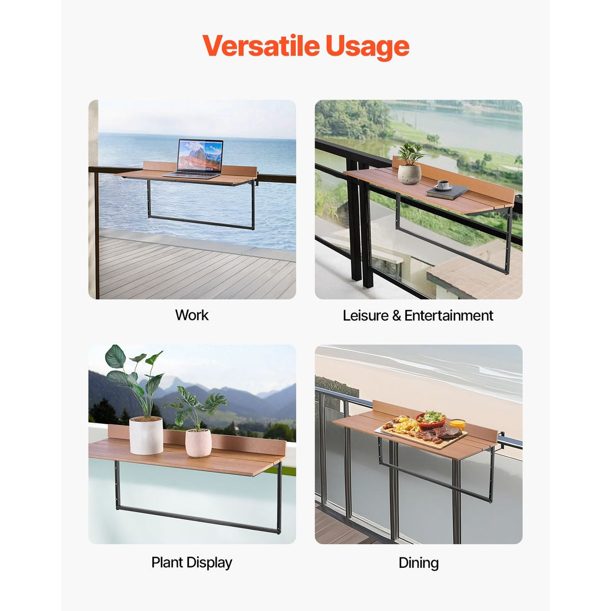 Balcony Hanging Table, 15 x 39 in Folding Balcony Railing Table, Outdoor Balcony Bar Table for Railings, 5-Level Adjustable, Fit Railing from 1" to 5.3", Serving Table for Patio & Deck