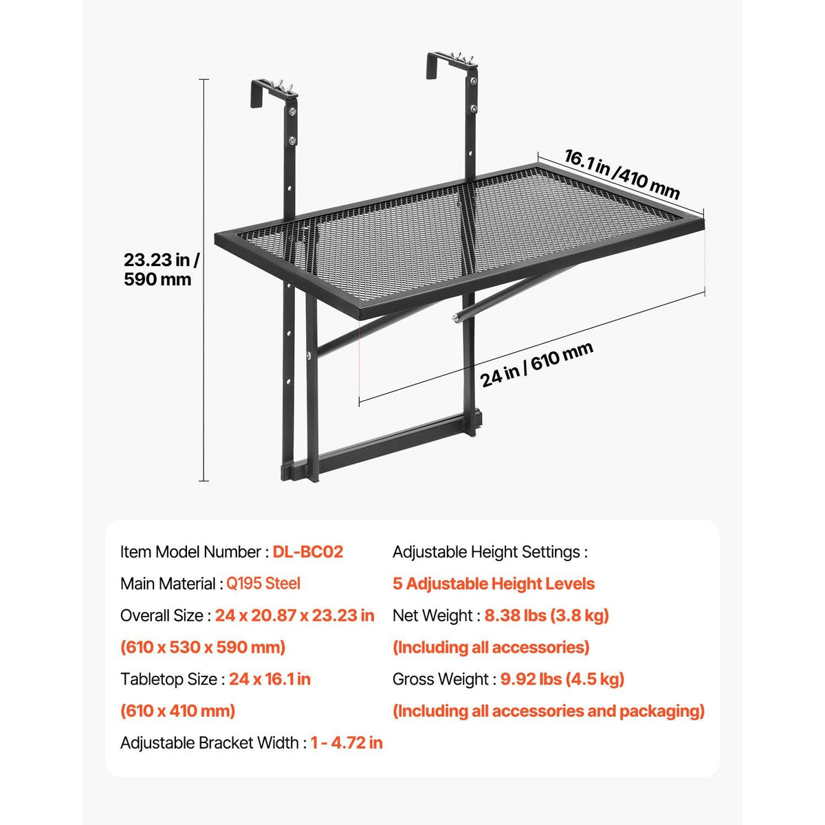 Balcony Hanging Table, 19 x 24 in Metal Folding Balcony Railing Table, Outdoor Balcony Bar Table for Railings, 5-Level Adjustable, Fit Railing from 1" to 4.7", Serving Table for Patio & Deck