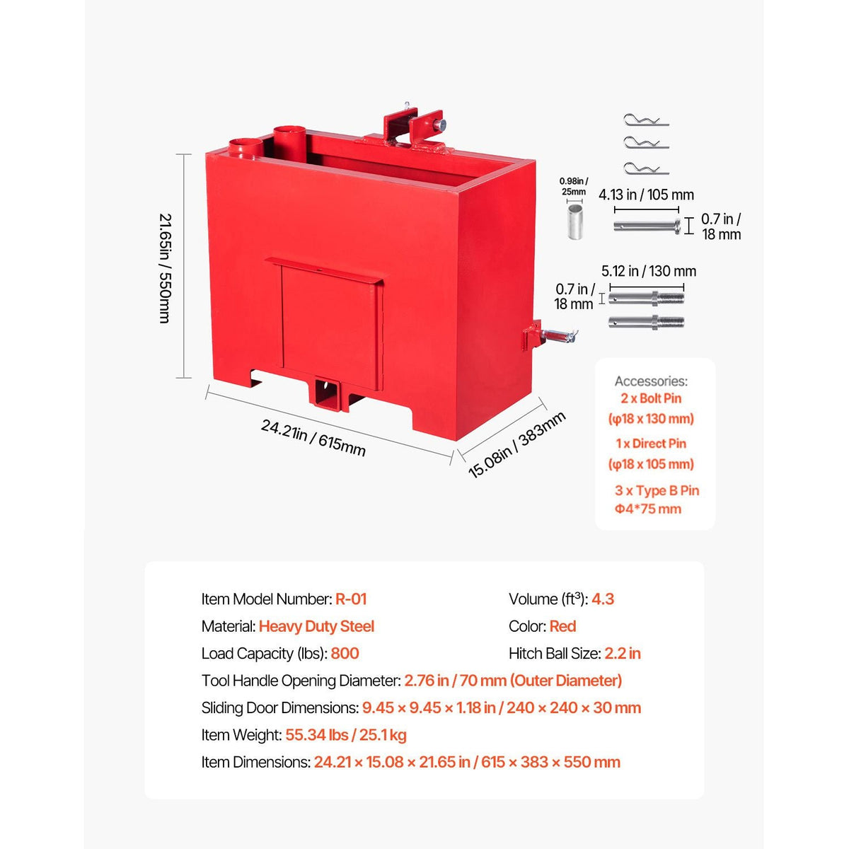 Ballast Box, 3-Point Category 1 Tractor Ballast of 800lbs Capacity, for 2 Inch Hitch Receiver, Heavy-Duty Steel 4.3 ft³ Large Volume Loader Attachment with Sliding Door, Red
