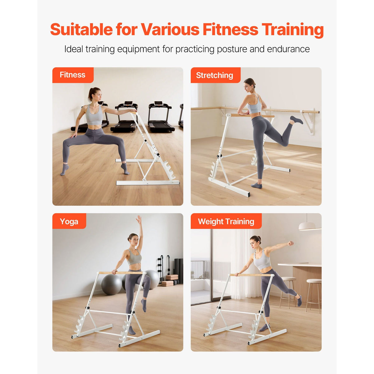 Ballet Barre, 3 ft Freestanding Portable Barre Bar, Home Fitness Exercise Equipment for Abs, Arms, Strength, and Cardio, Easy to Store Foldable Stretching Dance Bars, 4 Level Height Adjustable
