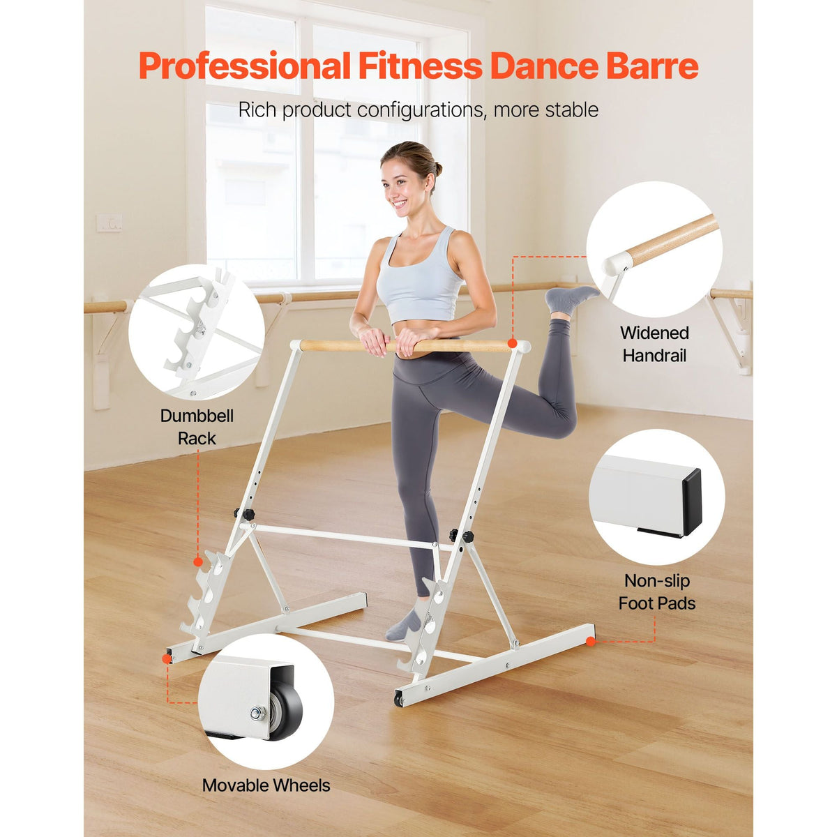 Ballet Barre, 3 ft Freestanding Portable Barre Bar, Home Fitness Exercise Equipment for Abs, Arms, Strength, and Cardio, Easy to Store Foldable Stretching Dance Bars, 4 Level Height Adjustable