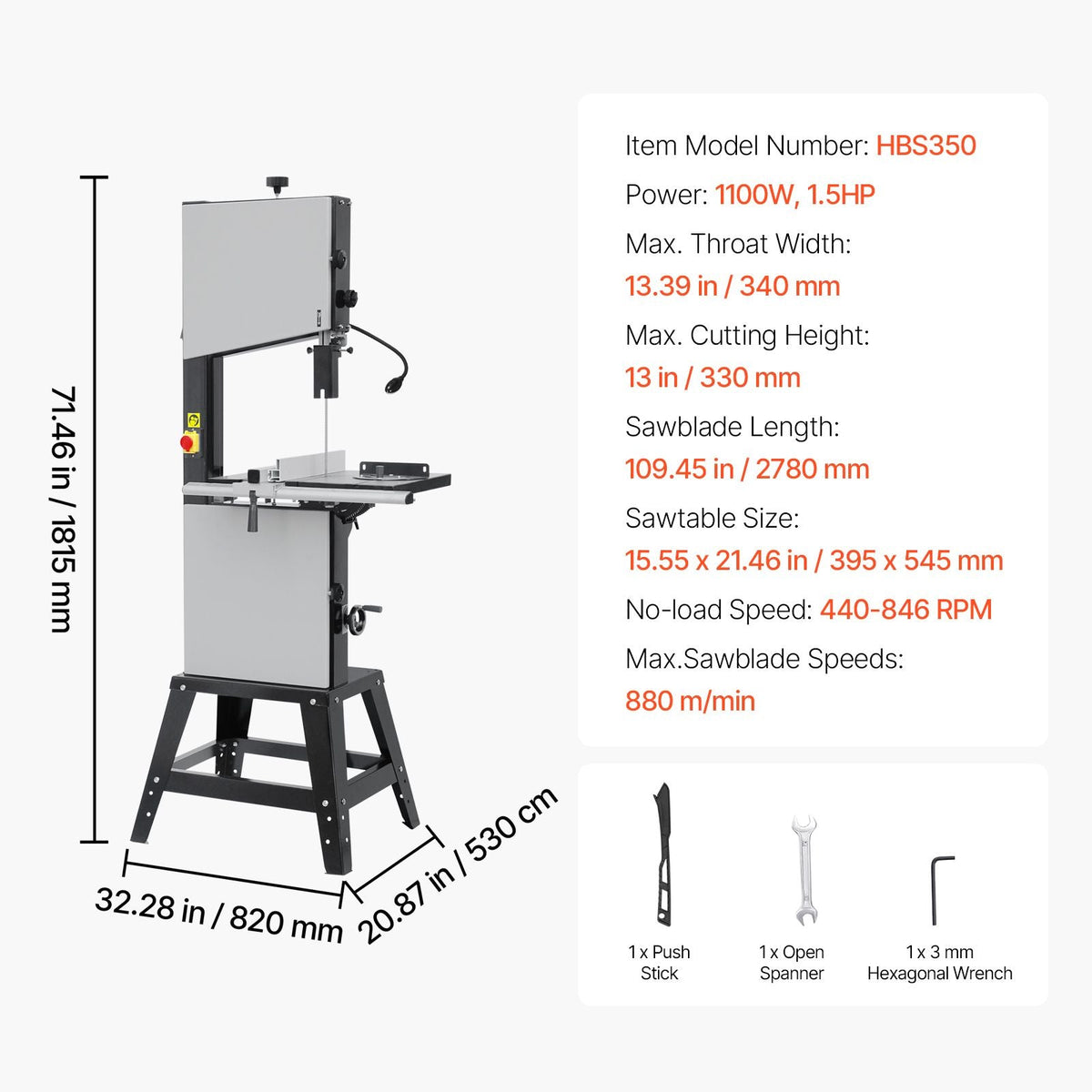 Band Saw, 13.39-Inch, Benchtop Bandsaw with Stand, 440-846 RPM Continuously Viable Speed, 1100W 1-1/2HP, 110V, Optimized Work Light, and Miter Gauge, for Woodworking Aluminum Wood Metal Copper