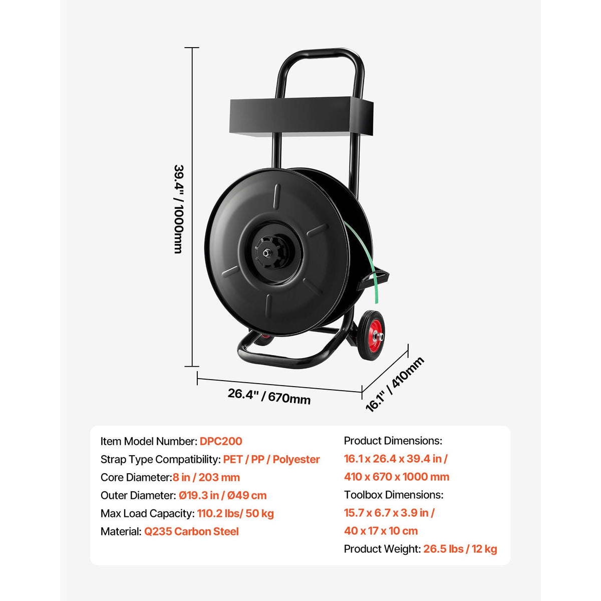 Banding Strapping Cart, Fit for PET / PP / Polyester Strapping Coils with 8 inches Core Size, Heavy Duty Strapping Dispenser Equipped with Upgrade Brake System, Built-in Spacious Tray for Tools