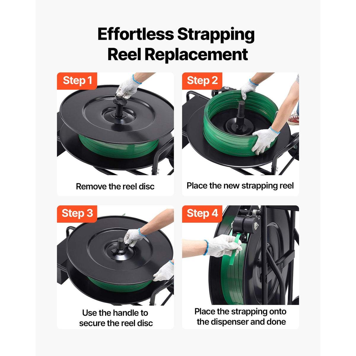 Banding Strapping Cart, Fit for PET / PP / Steel Strap Coils with 8 or 16 inches Core Size, Heavy Duty Strapping Dispenser Equipped with Upgrade Drum Brake, Built-in Spacious Tray for Tools