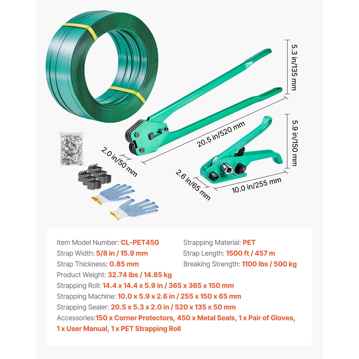 Banding Strapping Kit, Heavy Duty Banding Sealer Tool with 1500 ft PET Band, 450 Metal Seals, 150 Corner Protectors & Gloves, Plastic Pallet Packaging Strapping Kit for Warehouse/Shipping/Moving