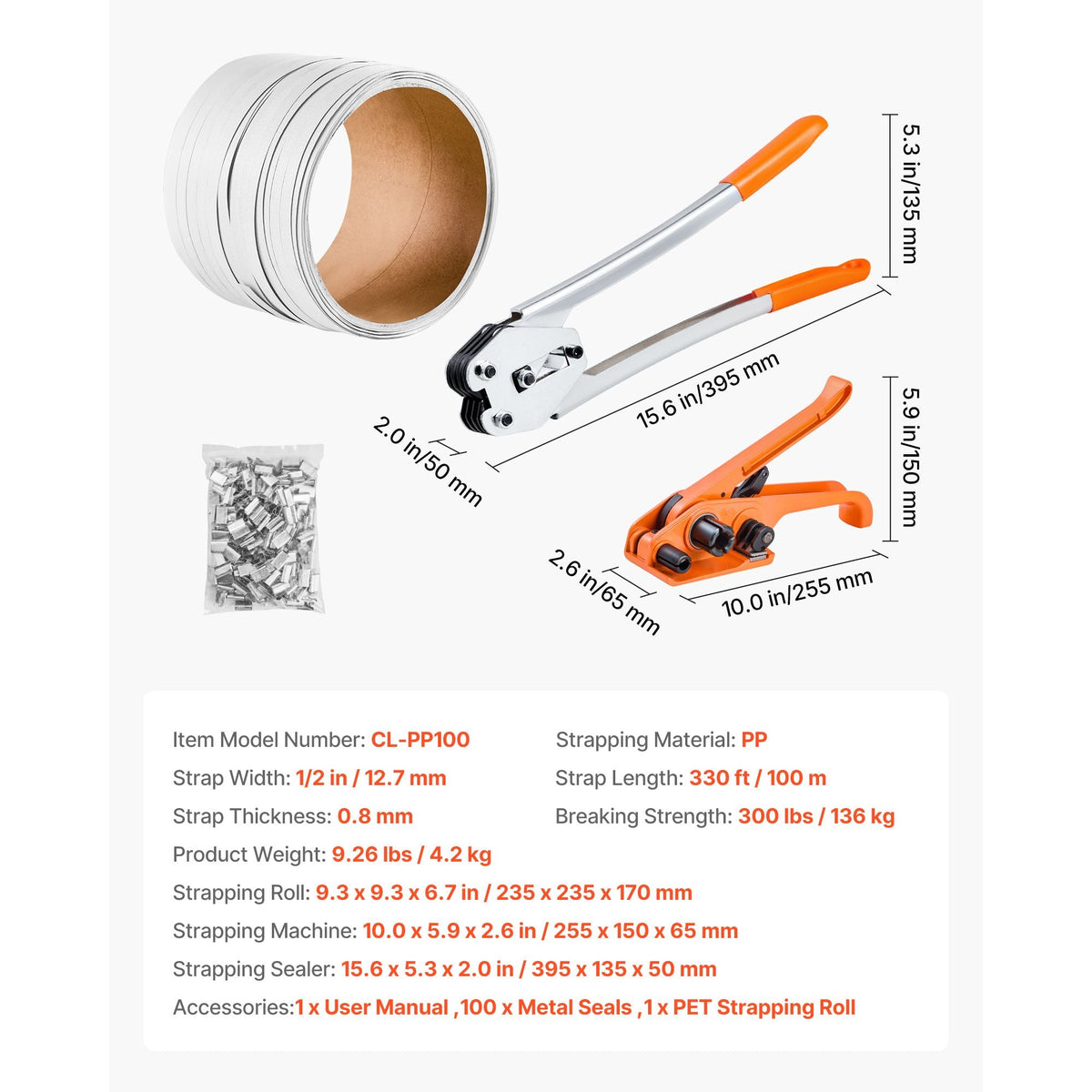 Banding Strapping Kit, Heavy Duty Banding Sealer Tool with 330 ft Length PP Band, 100 Metal Seals, Plastic Manual Pallet Packaging Strapping Kit for Warehouse/Shipping/Moving/Home, Orange