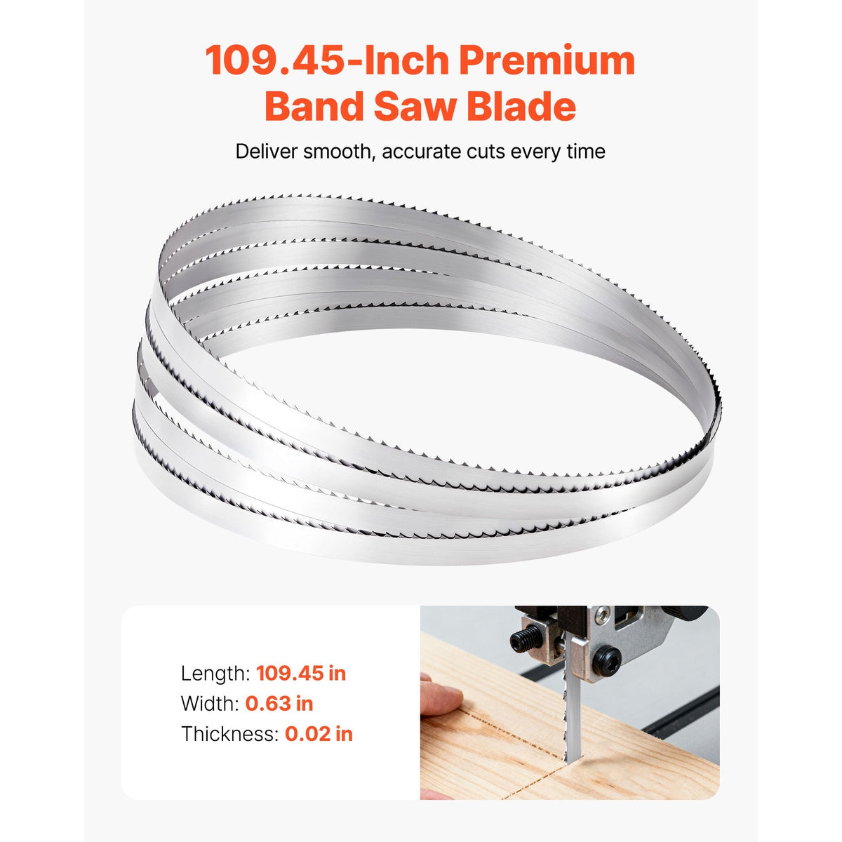 Bandsaw Blade, 109.45 Inch Length, 4 TPI Band Saw Blade with 18 HRC Hardened Sharp Teeth, High-Strength Carbon Steel, 0.6 Inch Width, Replacement for Major Woodworking Band Saw Brands, 1 Pack