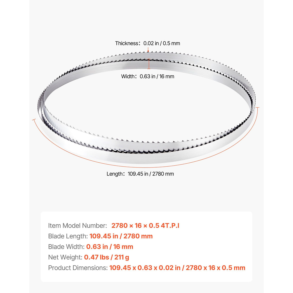 Bandsaw Blade, 109.45 Inch Length, 4 TPI Band Saw Blade with 18 HRC Hardened Sharp Teeth, High-Strength Carbon Steel, 0.6 Inch Width, Replacement for Major Woodworking Band Saw Brands, 1 Pack