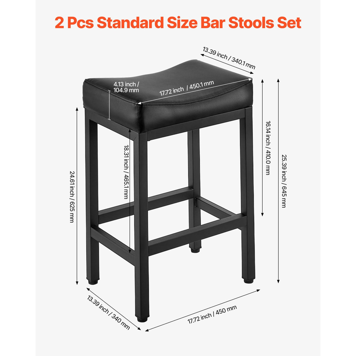 Bar Stool Set of 2, PU Leather Counter Height Stools, 25 inch Barstool with Saddle-Seat and Metal Legs, Easy Assembly Backless Bar Chair, Island Barstools for Kitchen, Dining Room, Cafe, Black
