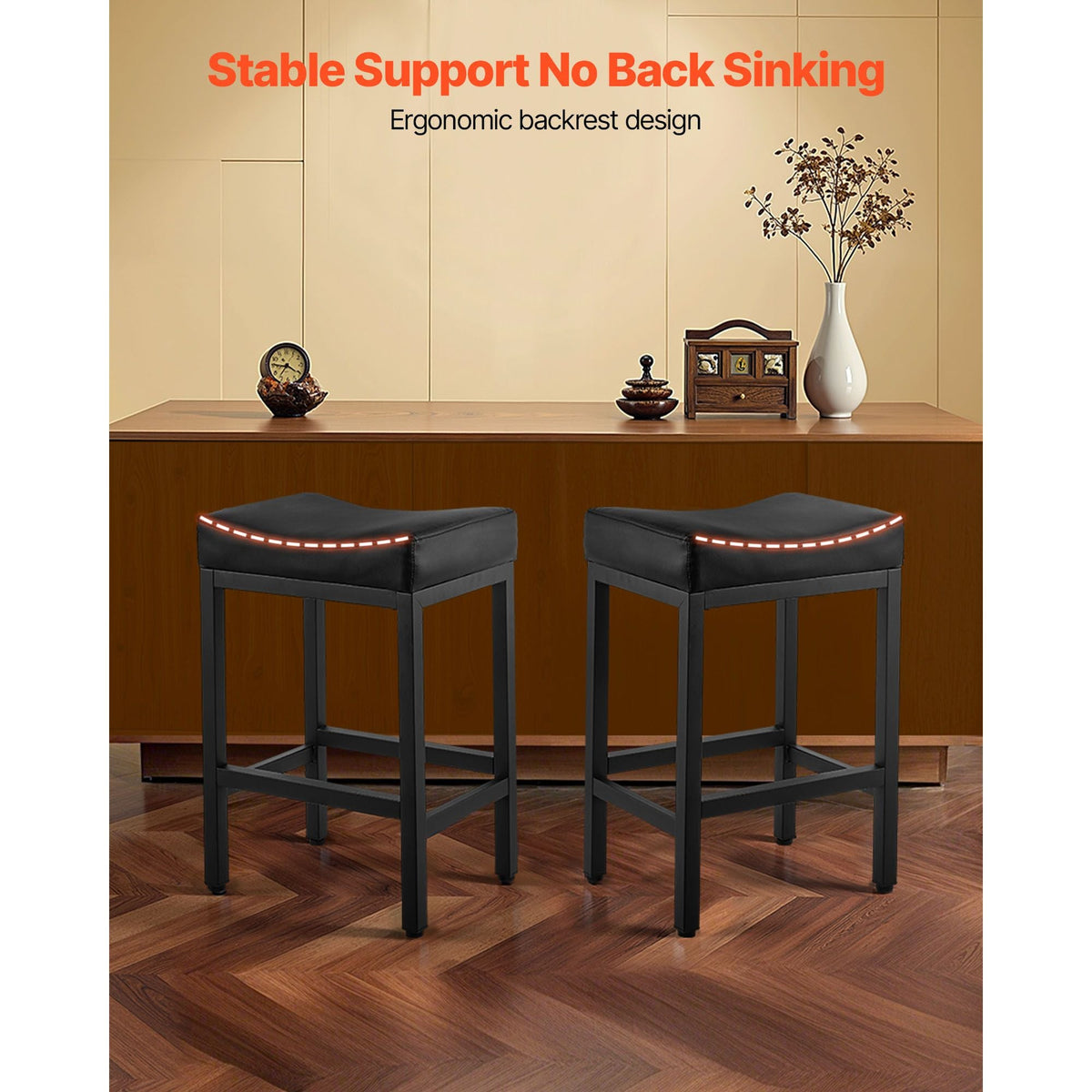Bar Stool Set of 2, PU Leather Counter Height Stools, 25 inch Barstool with Saddle-Seat and Metal Legs, Easy Assembly Backless Bar Chair, Island Barstools for Kitchen, Dining Room, Cafe, Black