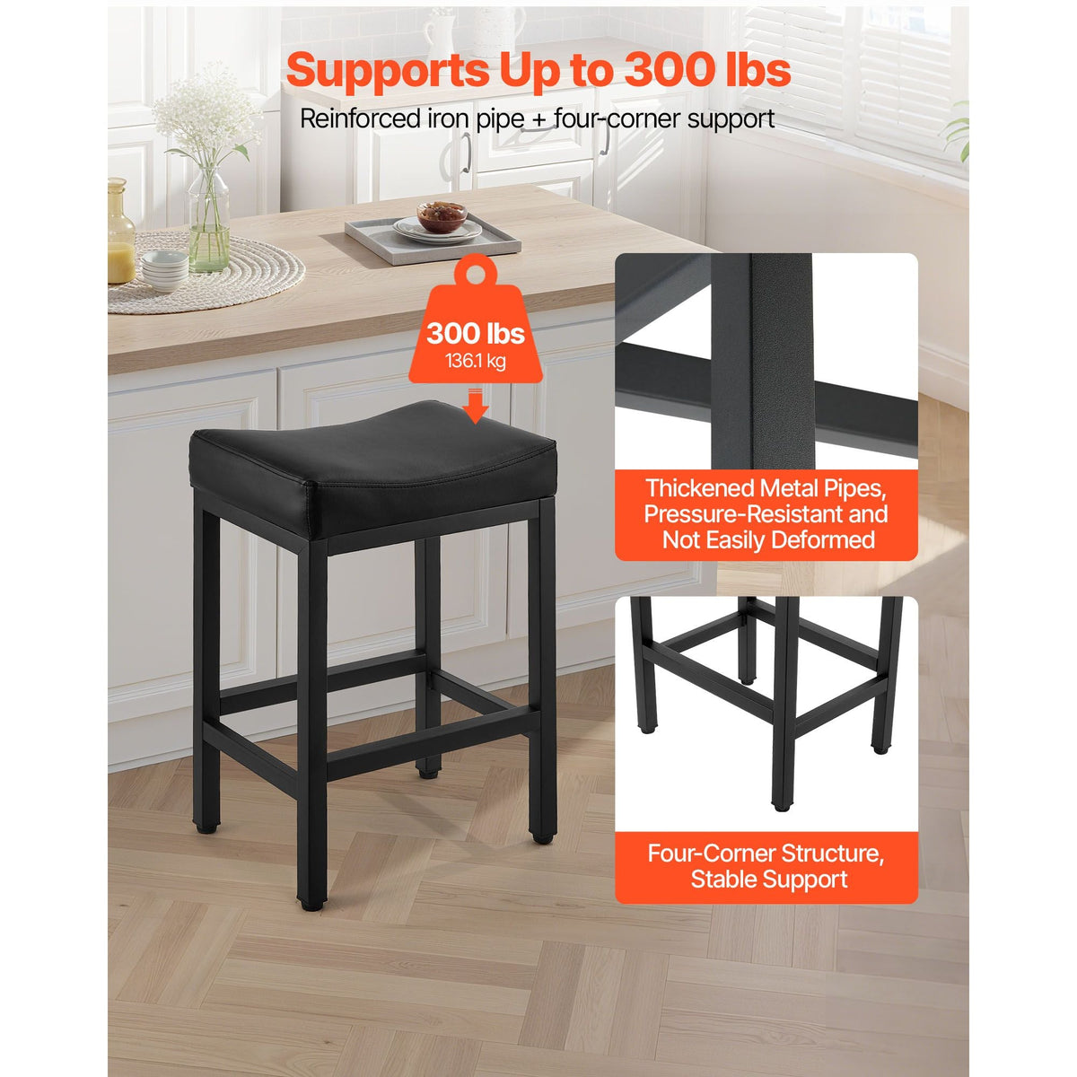 Bar Stool Set of 2, PU Leather Counter Height Stools, 25 inch Barstool with Saddle-Seat and Metal Legs, Easy Assembly Backless Bar Chair, Island Barstools for Kitchen, Dining Room, Cafe, Black
