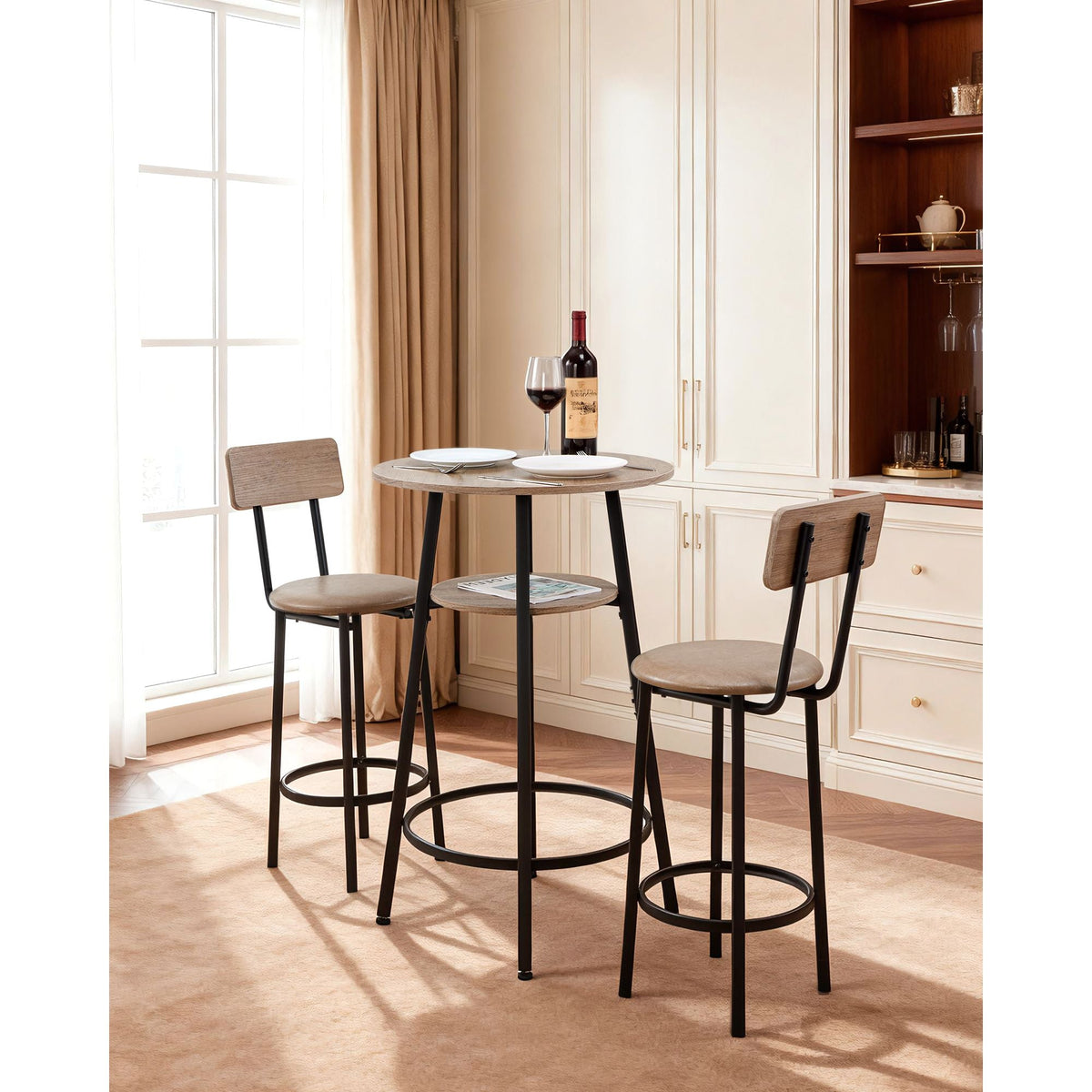 Bar Table, 3PCS 23.5″ Bars Tables Set, Bar Tables and Chair Set with Rounded Corner Design, Round Pub Table with Two Stools for Office Desk, Breakfast Corner, Mini Bars, Light Gray, Black