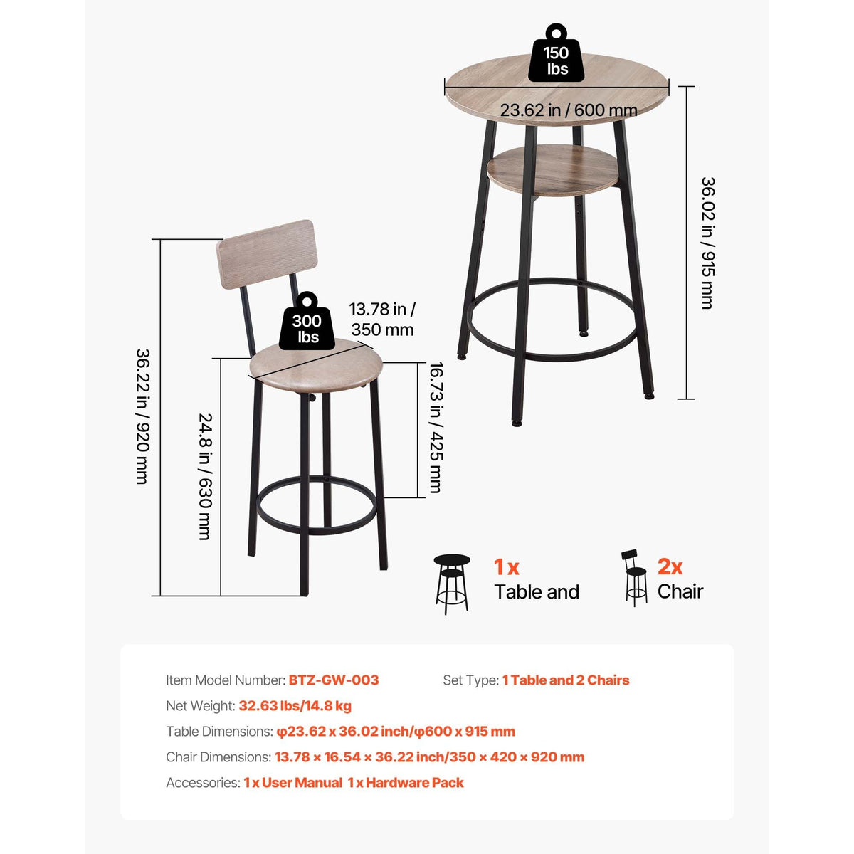 Bar Table, 3PCS 23.5″ Bars Tables Set, Bar Tables and Chair Set with Rounded Corner Design, Round Pub Table with Two Stools for Office Desk, Breakfast Corner, Mini Bars, Light Gray, Black
