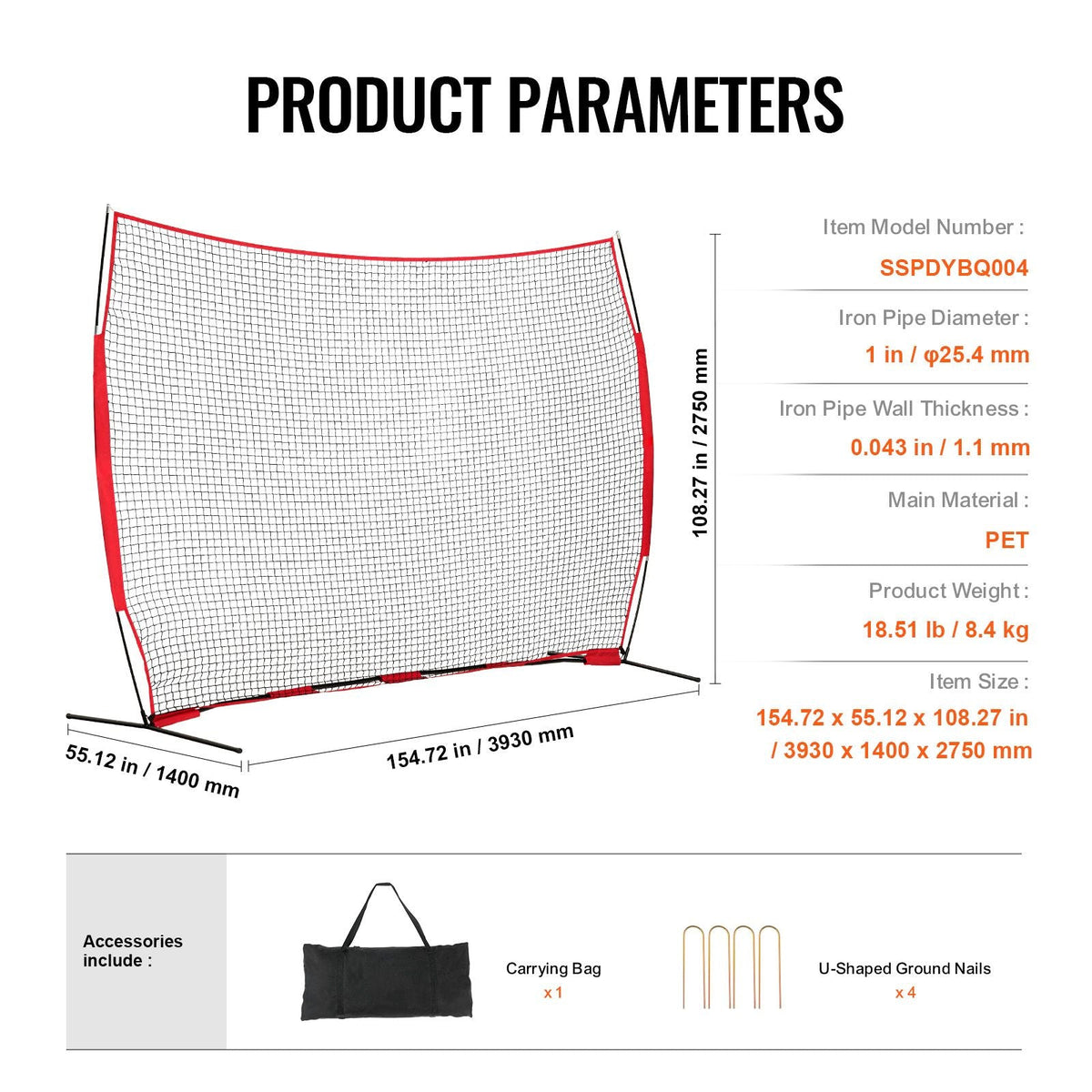 Barricade Backstop Net, 12x9 ft Ball Sports Barrier Netting, Portable Practice Equipment with Carry Bag, Protection Screen for Baseball Softball Lacrosse Soccer Hockey Training, for Backyard
