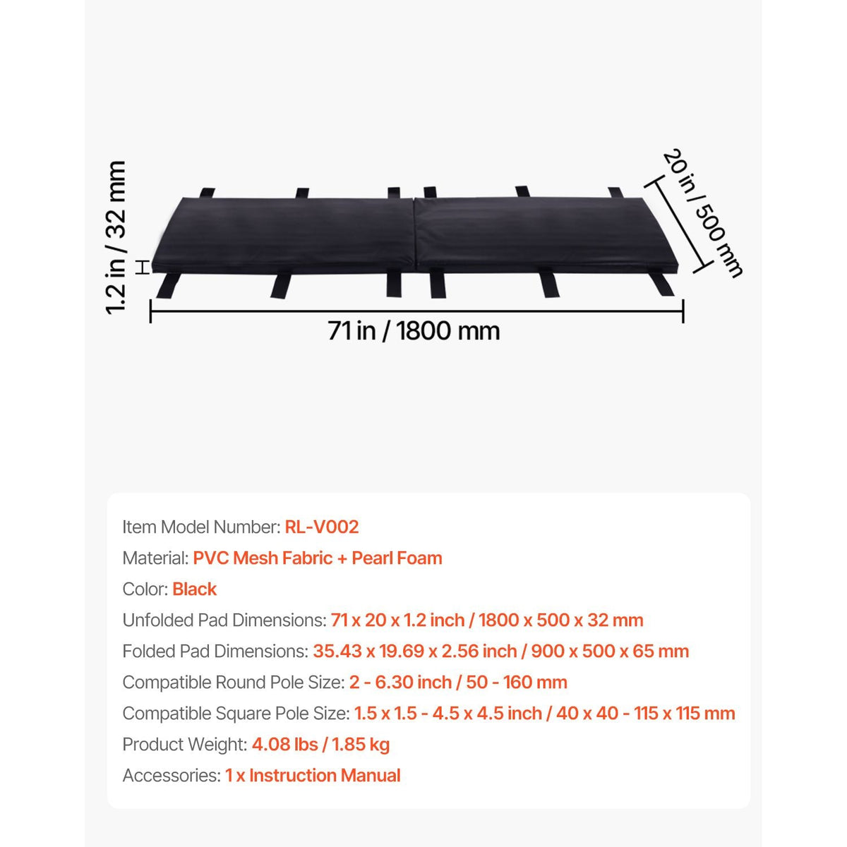 Basketball Pole Pad, 71 inch Tall and 1.2 inch Thick Heavy Duty Wrap Around Pole Padding, Fits 2-6.3 Round & 4.5x4.5 inch Square Pole, All-weather Waterproof Protective Pad for Basement Garage