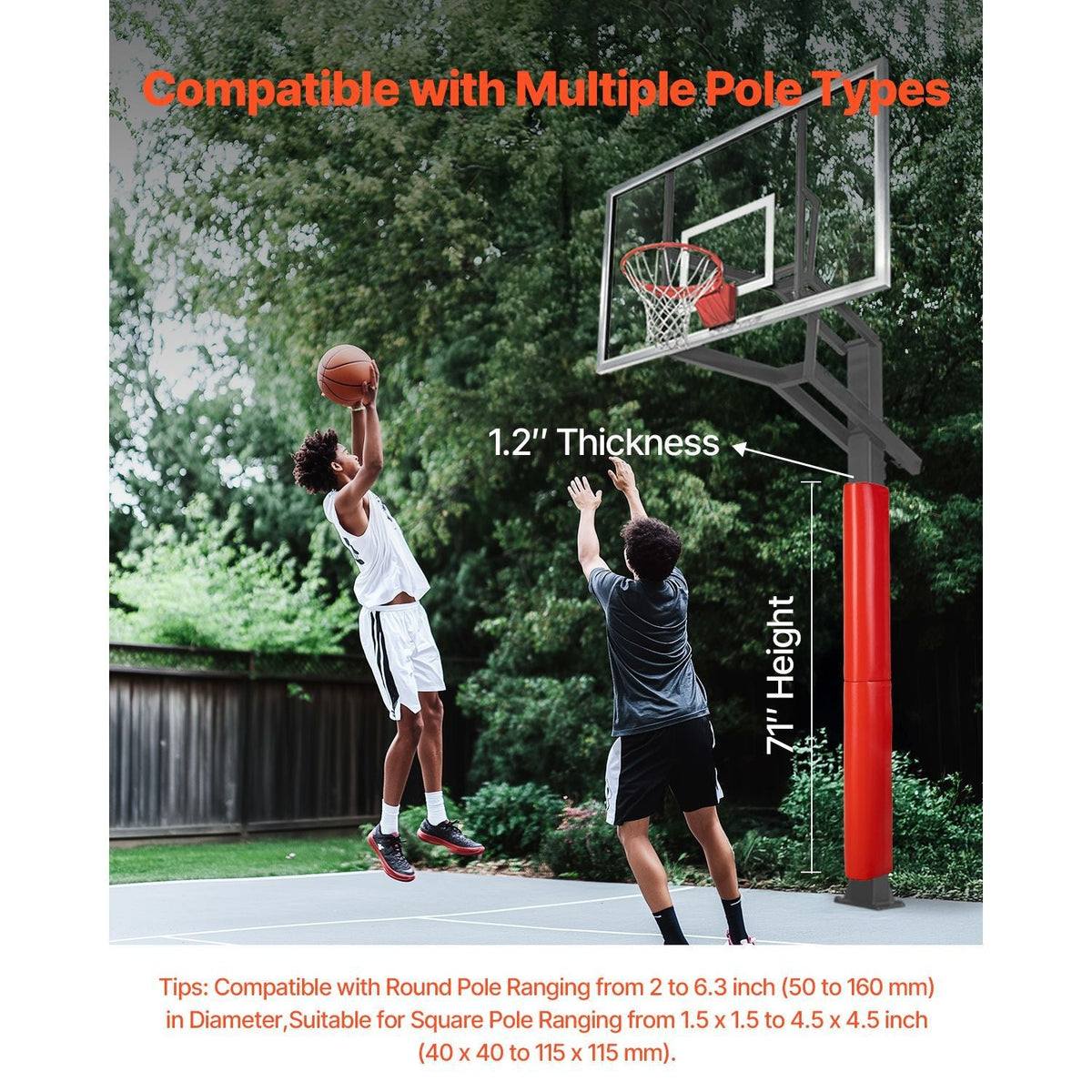 Basketball Pole Pad, 71 inch Tall and 1.2 inch Thick Heavy Duty Wrap Around Pole Padding, Fits 2-6.3 Round & 4.5x4.5 inch Square Pole, All-weather Waterproof Protective Pad for Basement Garage