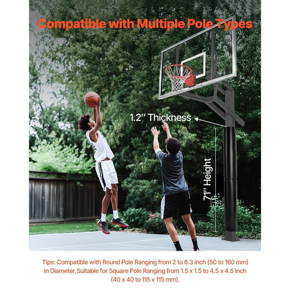 Basketball Pole Pad, 71 inch Tall and 1.2 inch Thick Heavy Duty Wrap Around Pole Padding, Fits 2-6.3 Round & 4.5x4.5 inch Square Pole, All-weather Waterproof Protective Pad for Basement Garage