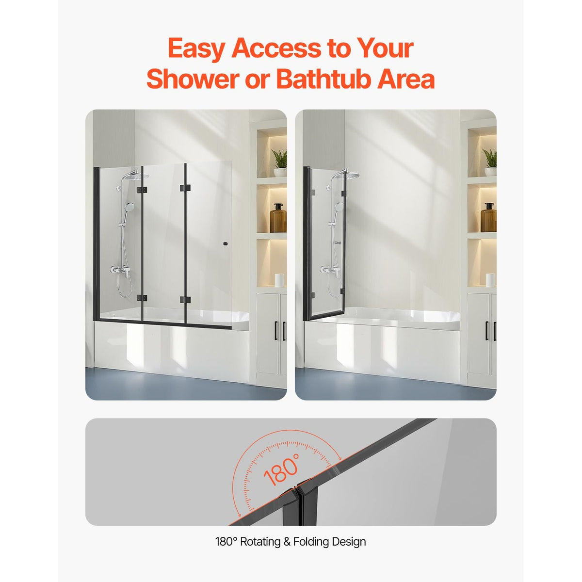 Bathtub Shower Door, 51 in. W x 56 in. H, Frameless Foldable Hinged Shower Door, Tri-Fold Shower Glass Door with 1/4 in Tempered Glass Door, 180°Rotating and Folding Design, for Bathtub, Black