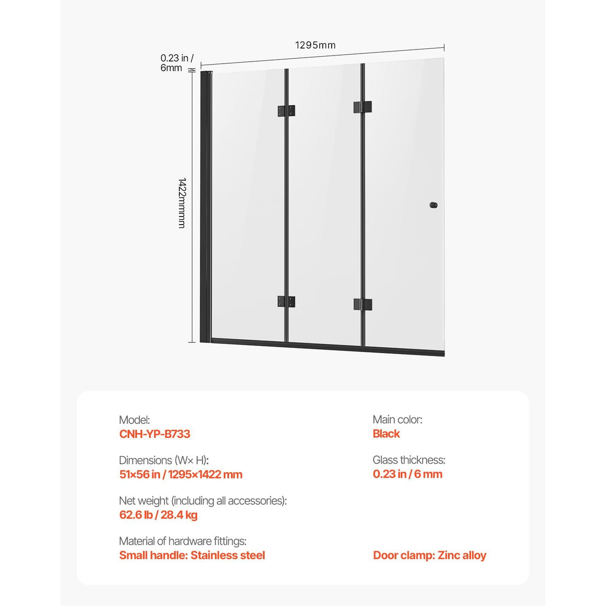 Bathtub Shower Door, 51 in. W x 56 in. H, Frameless Foldable Hinged Shower Door, Tri-Fold Shower Glass Door with 1/4 in Tempered Glass Door, 180°Rotating and Folding Design, for Bathtub, Black