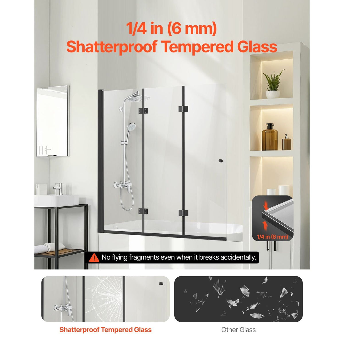 Bathtub Shower Door, 51 in. W x 56 in. H, Frameless Foldable Hinged Shower Door, Tri-Fold Shower Glass Door with 1/4 in Tempered Glass Door, 180°Rotating and Folding Design, for Bathtub, Black
