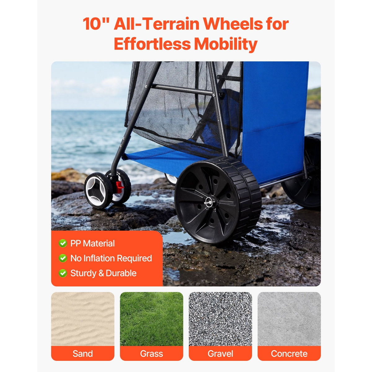 Beach Cart with Large Wheels for Sand, 165 lbs Load Capacity, Heavy Duty Folding Beach Wagon with 10" Solid Wheels, Insulated Cooler Bag, Umbrella Holder, Holds 4 Chairs for Camping & Fishing