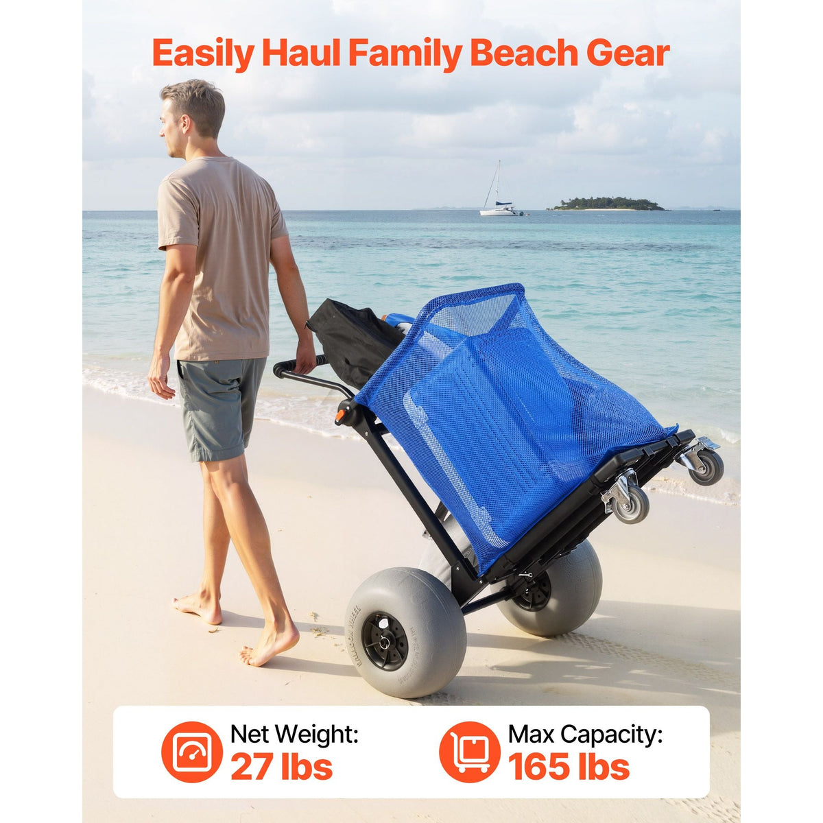 Beach Cart with Large Wheels for Sand, 165 lbs Load Capacity, Heavy Duty Folding Beach Wagon with 12" Balloon Wheels, Storage Bag, 180° Adjustable Handlebar, Dolly for Camping Fishing Garden