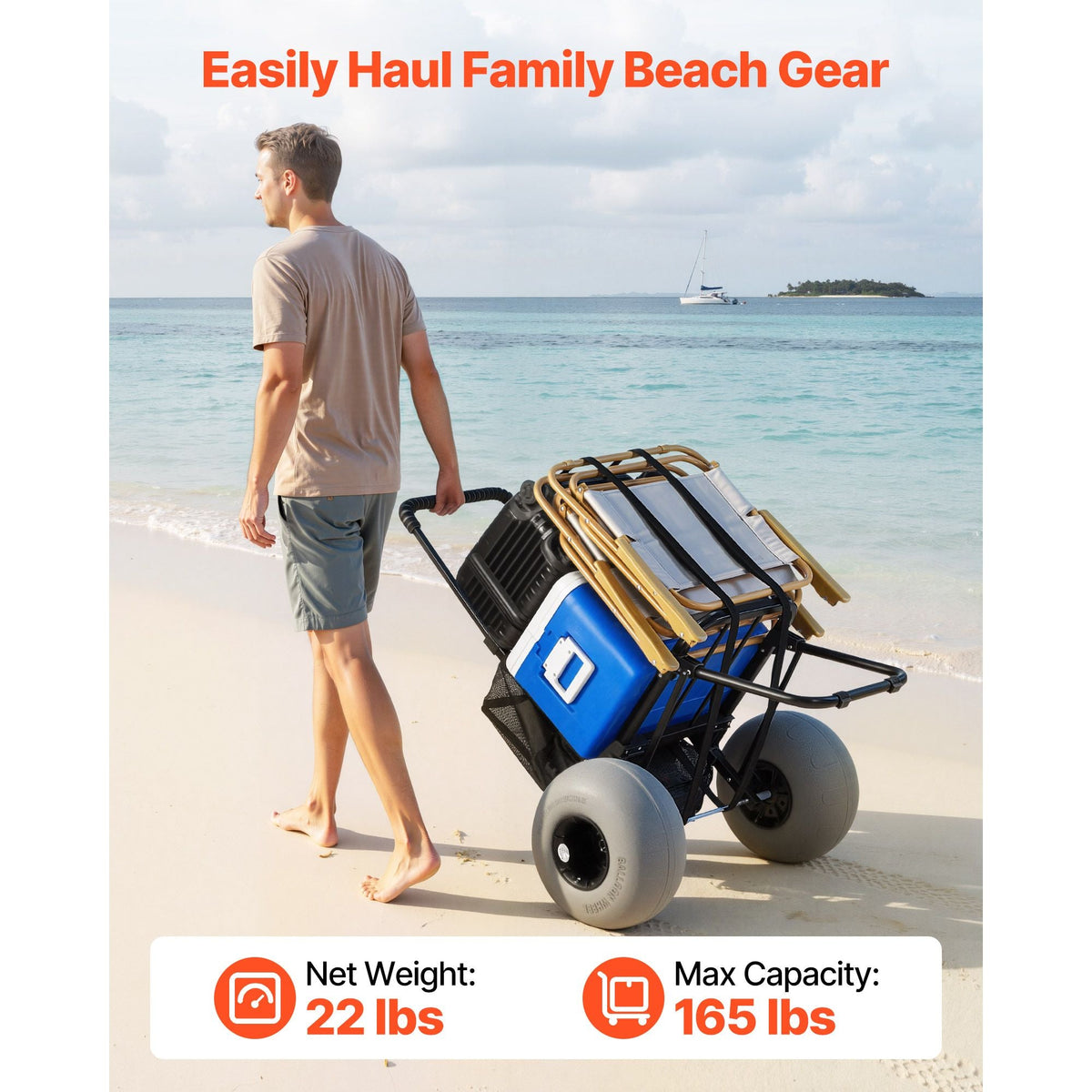Beach Dolly with Big Wheels for Sand, 18" x 15" Cargo Deck, Folding Sand Cart with 12" Balloon Wheels, 165 lbs Loading Capacity & 34" to 45" Adjustable Height, Heavy Duty Cart for Beach Camping