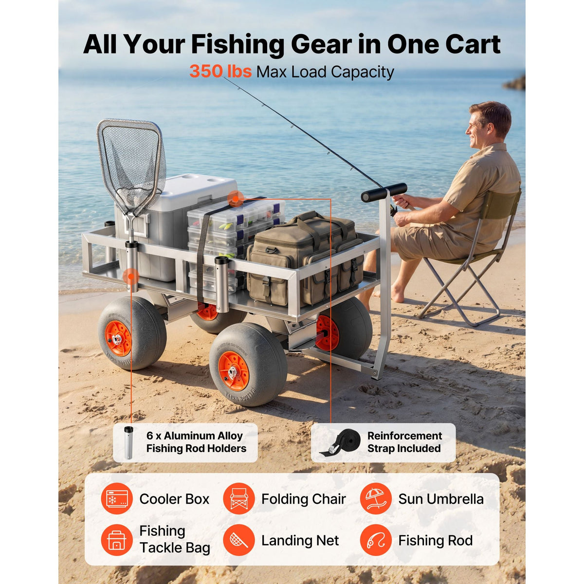 Beach Fishing Cart, 350 lbs Load Capacity, Foldable Fishing Cart with Heavy-Duty Aluminum Alloy Frame, 13-Inch All-Terrain PU Balloon Tires, 6 Rod Holders, for Outdoor Activities Camping Picnic