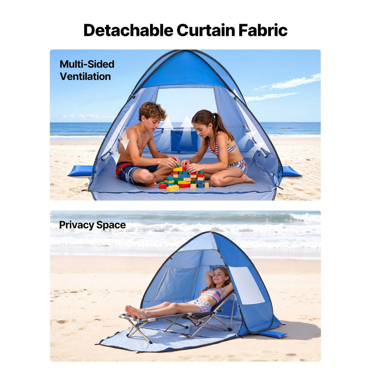 Beach Tent Sun Shelter for 2 Person, UPF 50+ Protection, Portable Sun Shade Canopy with Carrying Bag & Sand Pockets, Lightweight and Easy Setup Beach Umbrella for Camping Fishing Outdoor Picnic