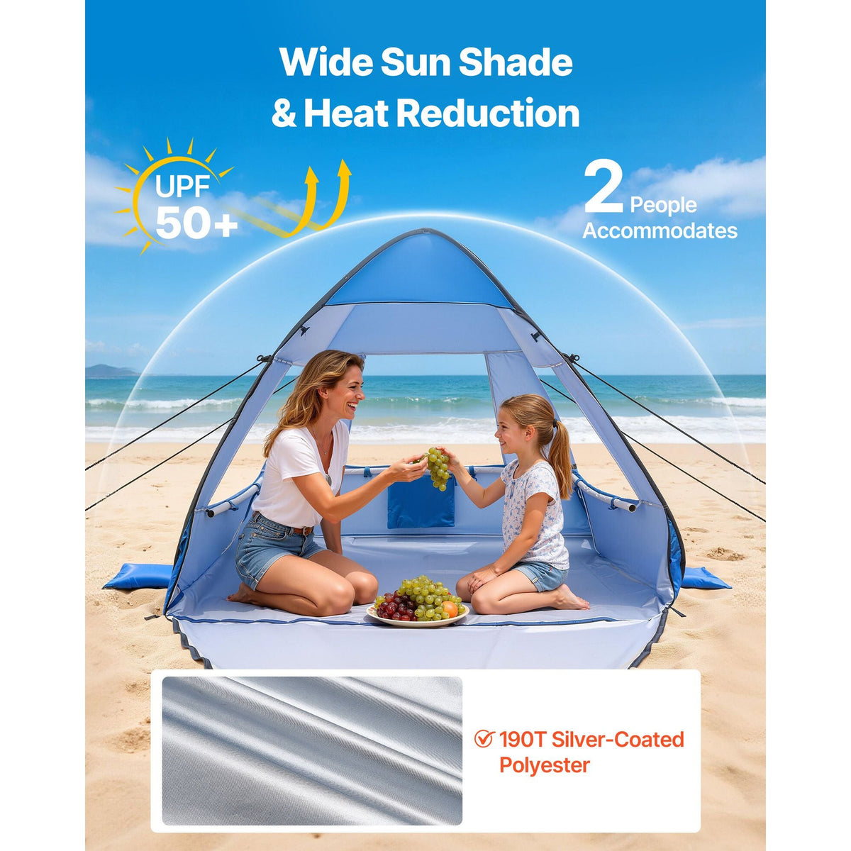 Beach Tent Sun Shelter for 2 Person, UPF 50+ Protection, Portable Sun Shade Canopy with Carrying Bag & Sand Pockets, Lightweight and Easy Setup Beach Umbrella for Camping Fishing Outdoor Picnic